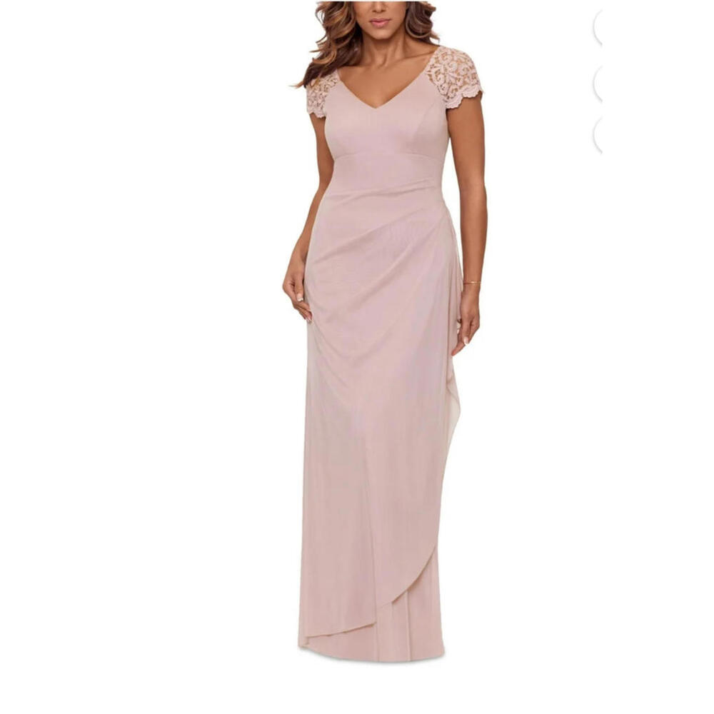 X BY XSCAPE Pink Lace Glitter Ruched Lined Short Sleeve V Neck dress